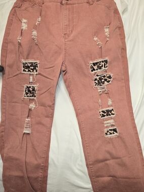 Women's Distressed Rusty Pink Jeans with Leopard Patch Detail